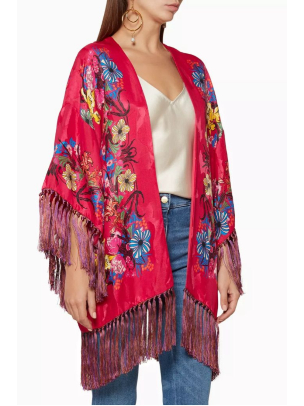 Etro Pink Floral Fringe Silk Kimono Shrug one size